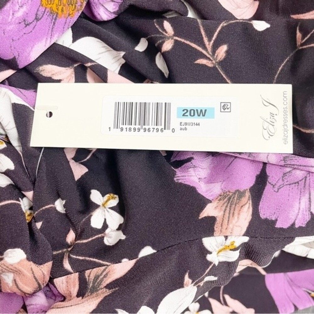 NWT Eliza J Floral Long Sleeve Shirred Midi Dress Aubergine Blooms Plus Size 20W - Picture 14 of 16